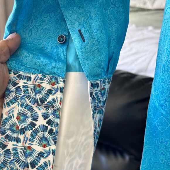 AXXESS Men’s Shirt Large Turquoise Paisley Long Sleeve Button-Up Contrast Collar - Picture 11 of 12